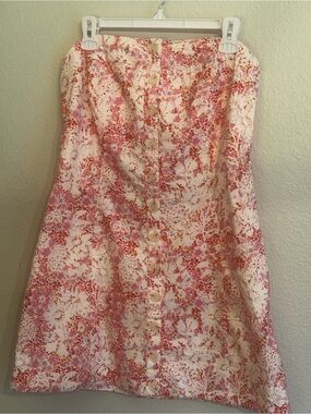 Free People Pink Floral Strapless Button-Front Mini Dress Size Large NWT